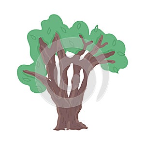 hand drawn vector tree with green crone with leaves. Colored doodle simple cute icon of tree.