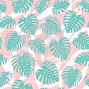 Hand drawn vector tropical seamless pattern with monstera leaves