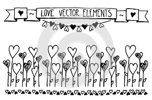Hand Drawn vector vintage illustration - Doodle sketch hearts elements. Card with the contours of the doodle hearts