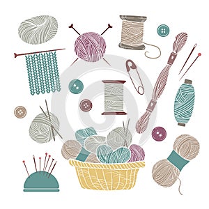 Hand drawn vector vintage illustration - Set of knitting