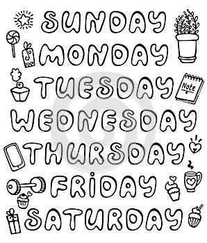 Hand drawn vector weekdays and elements for notebook, diary, calendar, schedule, sticker, bullet journal, and planner.