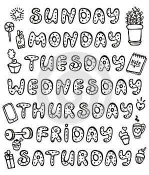 Hand drawn vector weekdays and elements for notebook, diary, calendar, schedule, sticker, bullet journal, and planner.