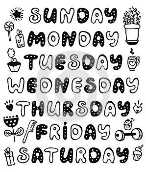 Hand drawn vector weekdays and elements for notebook, diary, calendar, schedule, sticker, bullet journal, and planner. Cute doodle