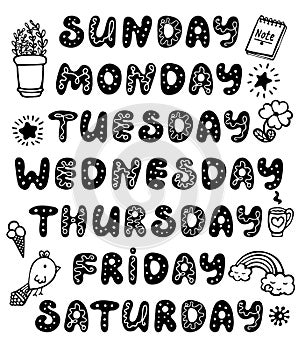 Hand drawn vector weekdays and elements for notebook, diary, calendar, schedule, sticker, bullet journal, and planner