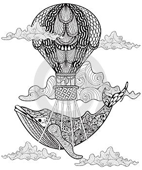 Hand drawn vector Whale flying with artistic air balloon in clouds. Doodle magic zentangle style. Child illustration for