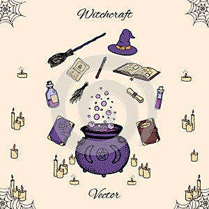 Hand drawn vector witchcraft set. Includes potions, herbs, books, witches hat and broom, candles, magic wand and cauldron photo