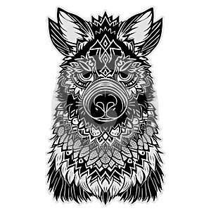 Hand drawn vector wolf with ethnic doodle patterned illustration, silhouette, tattoo