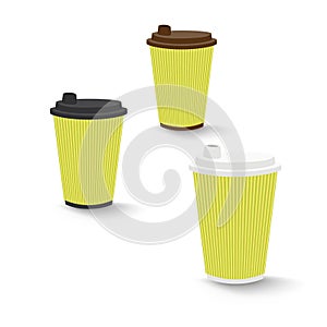 Hand drawn vector yellow corrugated paper coffee cups with white, brown and black lids