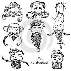 Hand Drawn vector zen Beard Set with funny faces and text hey, handsome