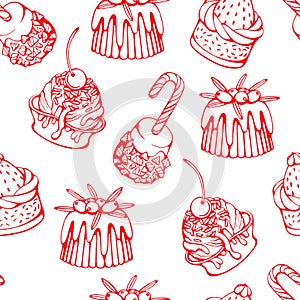 Hand drawn vectort of christmas desserts isolated on white. New year, happy holidays.Watercolor of seamless pattern with cakes