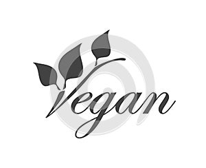 Hand drawn vegan word with leaves. Healthy life style. Black and white label.