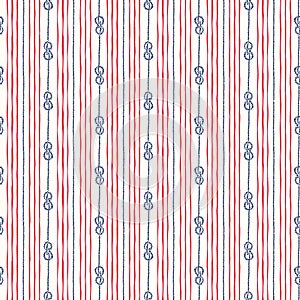 Hand-Drawn Vertical Nautical Zeppelin Bend Knots and Ropes Stripes Vector Seamless Pattern. Blue, Red Marine Background