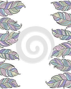 Hand drawn vertical seamless vector border frame with boho feathers pastel colorful white background.