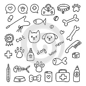 Hand drawn vet icons. Pet shop or store concept. Caring for animals dogs, cats. Pets stuff and supply set