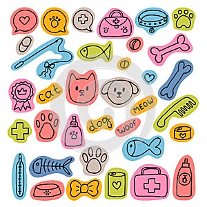 Hand drawn vet icons. Pet shop or store concept. Caring for animals dogs, cats. Pets stuff and supply set