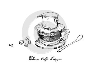 Hand Drawn of Vietnam Coffee Dripper with Coffee Beans photo