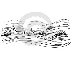 Hand drawn village houses sketch and nature