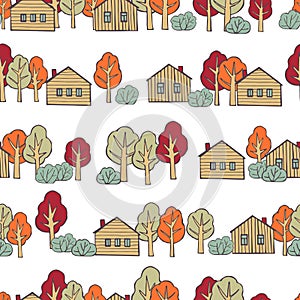 Hand drawn village houses and trees. Vector  pattern