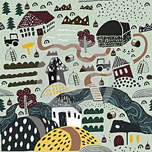 Hand drawn village illustration with houses,roads and fields. Agriculture landscape.