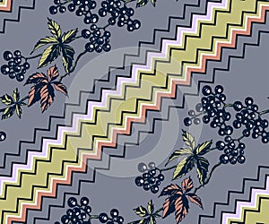 Hand drawn vine grapes decorative background. Ethnic seamless pattern ornament. Vector pattern