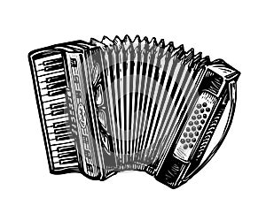 Hand-drawn vintage accordion, bayan. Music instrument, chanson, melody symbol. Sketch vector illustration
