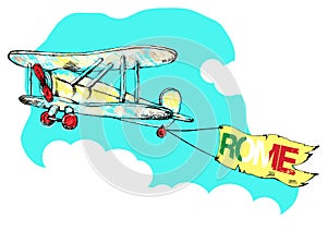 Hand drawn vintage airplane with a banner Rome.vector illustration