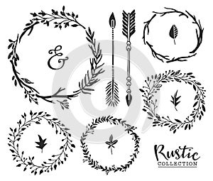 Hand drawn vintage ampersand, arrows and wreaths. Rustic decorative vector design set.
