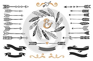 Hand drawn vintage arrows, feathers, and ribbons with lettering.