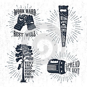 Hand drawn vintage badges set with textured working gloves, saw, and pine vector illustrations.