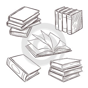 Hand drawn vintage books. Sketch book piles. Library, bookshop vector retro design elements isolated on white background