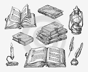 Hand-drawn vintage books. Sketch old school literature. Vector illustration photo