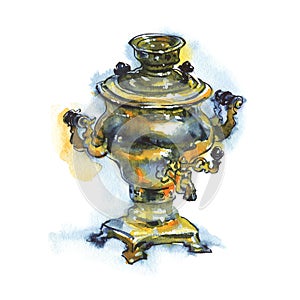 Hand drawn vintage bronze samovar. Watercolor old russian pot in rustic style isolated on white background
