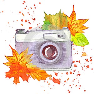 Hand drawn vintage camera with autumn leaves