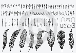 Hand drawn vintage design elements set including flowers,arrows,jars and zentangle feathers