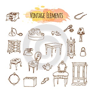 Hand drawn vintage elements. Antique furniture illustration