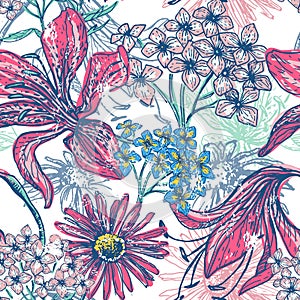 Hand drawn vintage floral seamless pattern