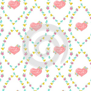 Hand drawn vintage floral wall paper, sweet home hearts, seamless pattern