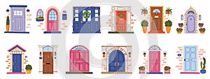 Hand drawn vintage front wooden doors, house or apartment entrances. House front doors, retro wooden home entrance
