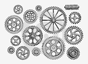 Hand-drawn vintage gears, cogwheel. Sketch mechanism, industry. Vector illustration photo