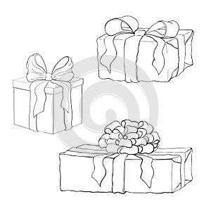 Hand drawn vintage gift box collection. line drawn illustration of presents isolated. outline icon set of present boxes tied with