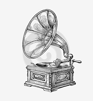 Hand-drawn vintage gramophone. Sketch music. Vector illustration photo