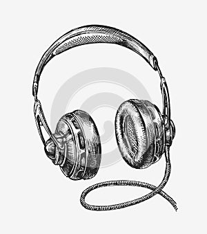 Hand-drawn vintage headphones. Sketch music. Vector illustration