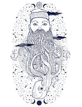 Hand Drawn vintage hipster sailor beard portrait. Old tatoo seaman. Man is an ideal art for print,coloring book, posters, t-shirts