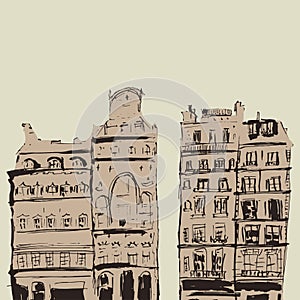 Hand drawn vintage home. Old town. Street sketches on light background. European city. Cartoon house. Ink line style building.