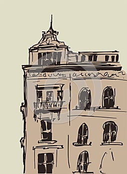 Hand drawn vintage home. Old town. Street sketches on light background. European city. Cartoon house. Ink line style building.