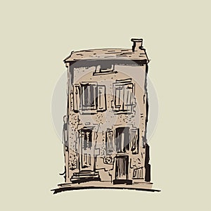 Hand drawn vintage home. Old town. Street sketches on light background. European city. Cartoon house. Ink line style building.