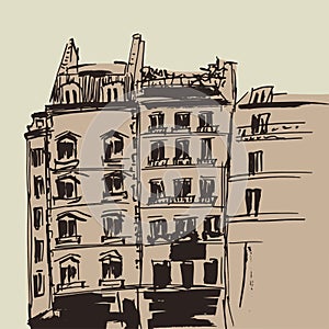 Hand drawn vintage home. Old town. Street sketches on light background. European city. Cartoon house. Ink line style building.