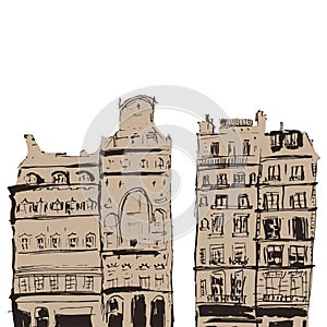 Hand drawn vintage home. Old town. Street sketches on white background. European city. Cartoon house. Ink line style building.