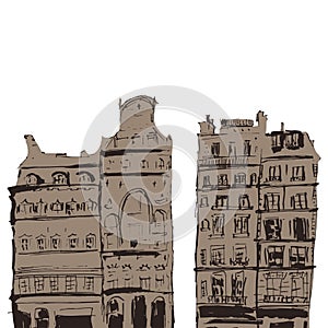 Hand drawn vintage home. Old town. Street sketches on white background. European city. Cartoon house. Ink line style building.