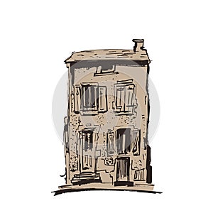 Hand drawn vintage home. Old town. Street sketches on white background. European city. Cartoon house. Ink line style building.